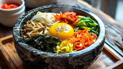 Bibimbap: Korean Traditional Mixed Rice Dish with Steamed Rice, Marinated Beef, Colorful Veggies (Spinach, Bean Sprouts, Carrots), Fried Egg, Gochujang & Sesame Oil—Stir-to-Mix for Savory-Spicy Comfor