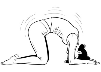 Woman practicing Cat Pose, Marjaryasana. A gentle yoga stretch for spine flexibility and back pain relief. Line art illustration for a warm-up exercise.

