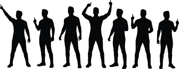 Silhouettes of men standing and pointing upward, male human figure gesture illustration, business concept, direction sign, teamwork guidance, leadership pose design