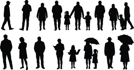 Silhouettes of people including men, women, children, family groups, walking, standing, holding hands, umbrella figure, vector artwork, isolated human design, creative illustration set