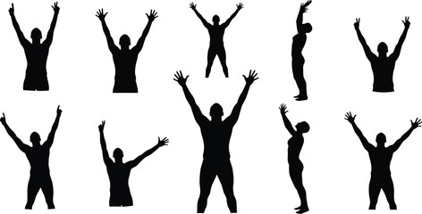 Fototapeta premium Silhouettes of people with raised arms in different victory poses, celebrating, exercising, cheering, fitness concept, isolated human figures, active lifestyle illustration