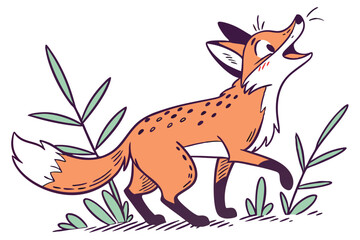 Cartoon Fox Howling on White Background with Plants Design