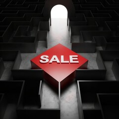 Black maze with a red 'SALE' exit arrow representing marketing and commerce concept. A metaphor for the buyer's path to profit
