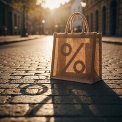 Shopping bag casting a percentage sign shadow during sunset on a cobblestone street.A hint of discounts without a direct price image