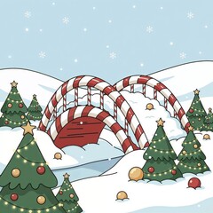 Candy cane bridge in a winter landscape with Christmas trees and snow
