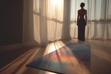 wellness at home, yoga mat, sunrise through sheer curtains, tranquil palette, inclusive model 
