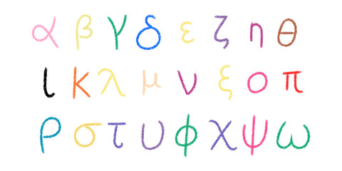 Hand drawn Greek symbols, crayon-style vector set.
