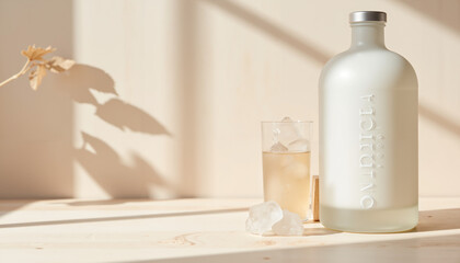 Glass of iced drink with modern bottle on wooden table in sunlight  