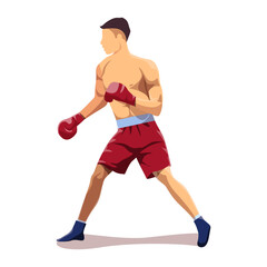 A male boxer in red shorts and gloves prepares for a fight in a graphic illustration style