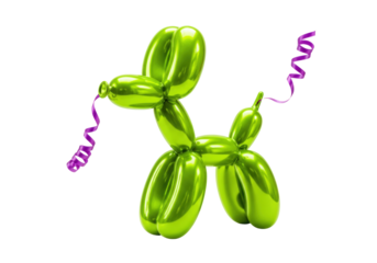 Isolated Green Balloon Animal Dog with Curly Purple Ribbon Decoration for Party Gift Idea