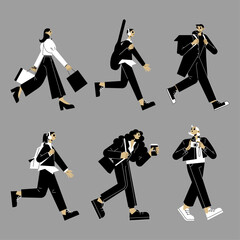 Diverse group of stylishly dressed individuals navigating urban life with bags and coffee cups