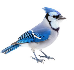 A vibrant blue jay, isolated on transparent background, perches gracefully, showcasing its striking plumage and alert demeanor in a captivating avian portrait