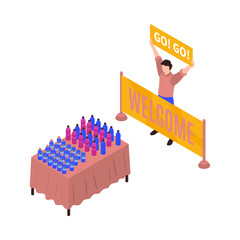 Man Holding 'GO! GO!' and 'WELCOME' Signs at an Event with Table of Drinks