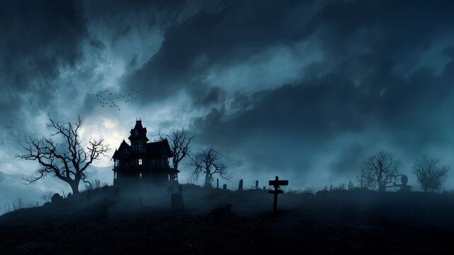 Eerie haunted house under a dramatic moonlit sky evokes chilling Halloween night, perfect for spooky designs and thrilling horror stories
