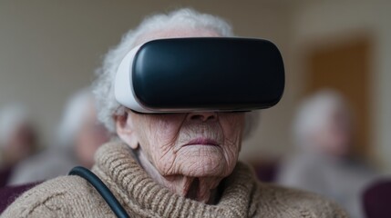 Elderly woman wearing virtual reality headset in a communal room engaging in immersive technology experience