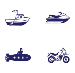 Naklejka premium Vector illustrations of boat jet ski submarine and motorcycle simple outline drawings
