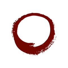 A bold, dark red, hand-drawn Enso circle painted with visible brush strokes on a white background