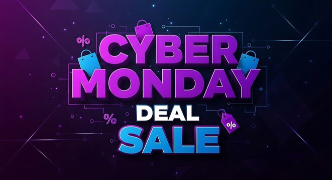 Cyber monday sale neon signage with geometric shapes and discounts