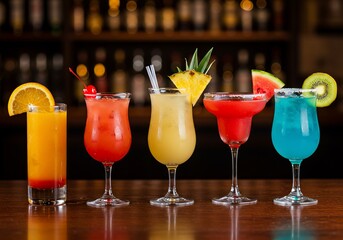 Vibrant assortment of colorful tropical cocktails on a bar counter.