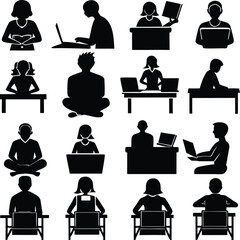 Diverse silhouettes of people working studying and relaxing with laptops books and desks in various poses