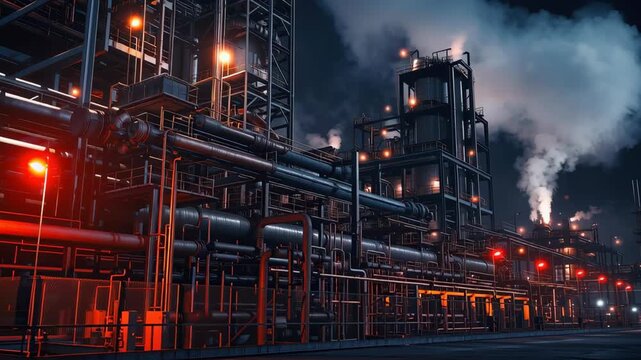 Industrial plant under emergency lockdown, red lights flashing over steel pipes, steam rising into dark sky, cinematic ultra-realistic textures, moody twilight atmosphere.
