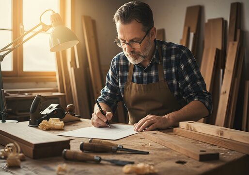 Skilled craftsman sketching detailed woodworking plans in his workshop, a beautiful blend of artistry and precision for your creative projects