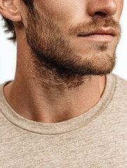 Obraz premium Close-up view of a man with light stubble and a textured shirt showcasing his facial features in a natural setting