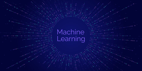 Abstract design with machine learning text and binary rays. Futuristic background symbolizing algorithms and big data.