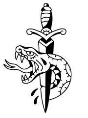 Dagger piercing a snake. Classic tattoo design
