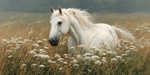 Majestic white horse running through a field of wildflowers during a serene morning in a tranquil countryside setting