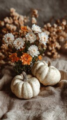 Fototapeta premium White pumpkins and colorful flowers create a cozy autumn atmosphere on a rustic fabric background