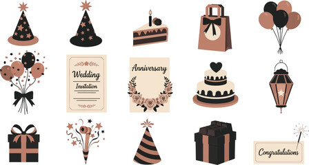 Festive celebration elements including cakes, balloons, gifts and party hats for special occasions