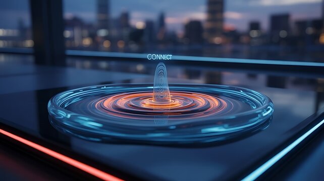 Fluid tech security scanner showing concentric waves of energy radiating from a central point. The waves change color from blue to red when detecting objects. Semi-transparent layers.