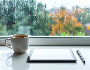 Coffee and Tablet by Rainy Window — Cozy Workspace with Autumn View