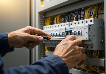 Experienced electrician carefully working with circuit breakers for safety and maintenance in electrical panel, ensuring secure connections and smooth operation