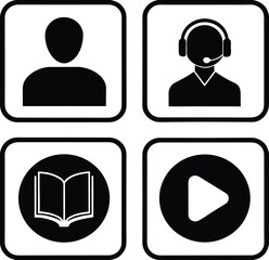 Four essential icons user support knowledge media play button icons representing customer service online learning and video content