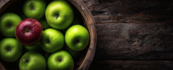 The Apple in a Rustic Wooden Barrel Surrounded by Vibrant Green Apples