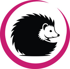 Black and white silhouette of a cute, curled-up hedgehog with sharp quills, encircled by a bold, curving magenta or pink circular frame, symbolizing nature, protection, alertness, minimalist pet. © Munna_SH