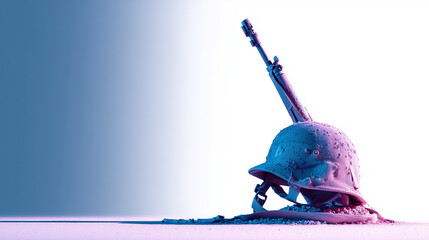 Symbolic rifle and helmet conveys remembrance, memorial, or honor, ideal for military tributes, history projects, and solemn commemorations with a stark aesthetic