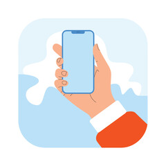 Hand Holding Smartphone with Blue Screen Against a Stylish Abstract Background vector