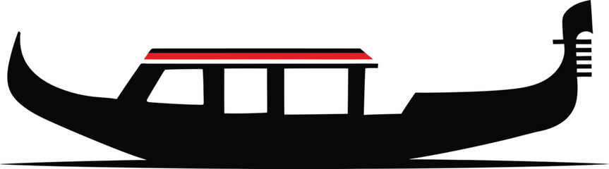 Black silhouette of a classic Venetian gondola boat featuring a sleek design with a bold red stripe on the cabin roof, symbolizing romance, travel, Italy, water transport, and a luxurious journey. © Munna_SH