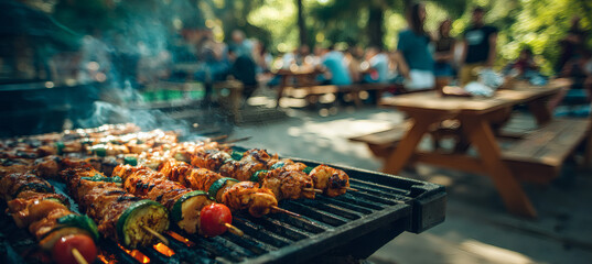The Skewers Sizzling on a Grill at a Sunny Outdoor Picnic with Friends