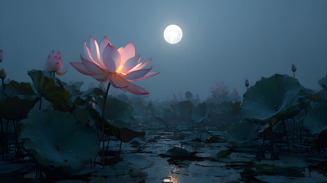 Lotus pond under moonlight