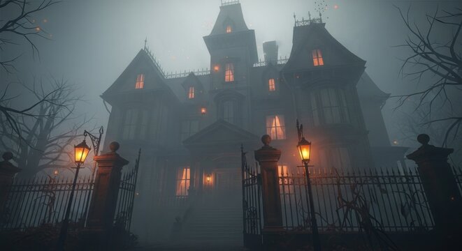 Spooky haunted mansion shrouded in fog with glowing windows and wrought iron gate