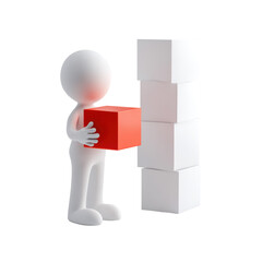 Minimal figure placing red block on stack of white cubes