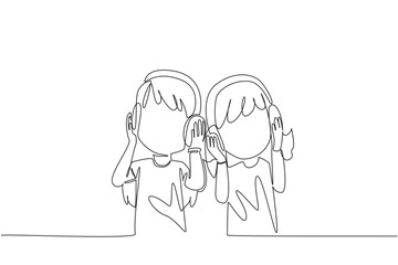 Single continuous line drawing two sisters wearing headphones and each holding a headphone. Share the joy with the favorite music. Swinging rhythm. Day of Brother. One line design vector illustration