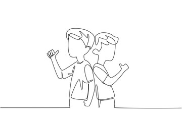 Continuous one line drawing two brothers turn their backs to each other and make a thumbs up gesture. Styled like showing arm muscles. Day of Brother. Single line draw design vector illustration