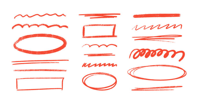 Crayon highlight line with pencil underline set for text emphasis and markup design. Red hand drawn circles, rectangles, wavy strokes and brush marks for document annotation or creative decoration.