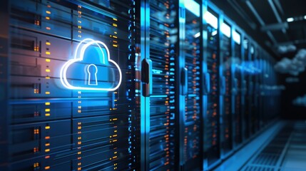 Cloud Server with Padlock Hologram – Cybersecurity and Data Protection in Cloud Computing