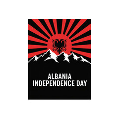 Albania Independence Day poster with mountains and red sun rays  